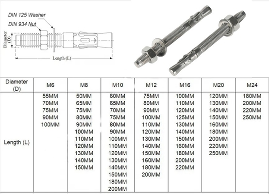 DIN padrão de aço carbono de prata aço inoxidável 304 316 Wedge Anchor Anchor de expansão Bolt Dyna Bolt SS304 para versátil