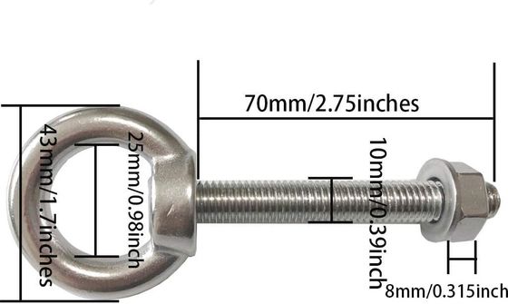 INCH aço inoxidável M10 ombreira olho parafusos 3/8 &quot;x 2,75&quot; parafusos de trabalho pesado com máquina de lavar e porcas simples acabamento de levantamento