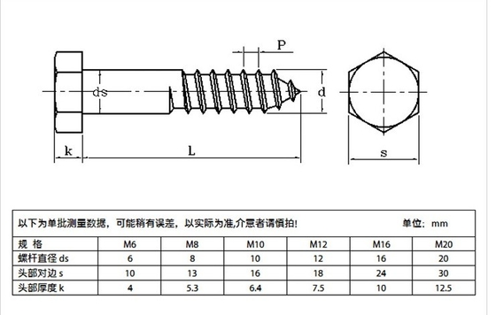 Sistema de medição métrico A2 A4 Hex Lag Screw aço inoxidável 304 316 Din 571 Wood Lag Screw