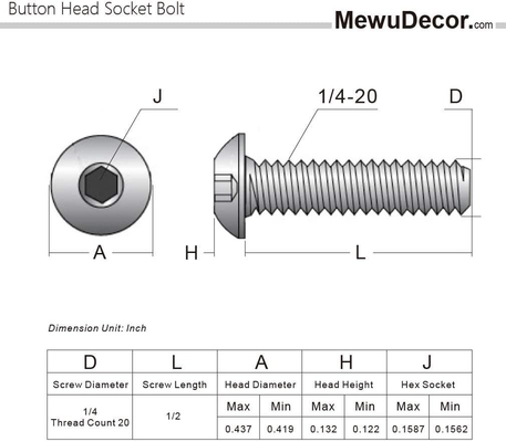 1/4-20 x 1/2 polegada cabeça de botão cabo de tomada parafusos 18-8 aço inoxidável 304 acabamento simples Full Thread Allen Hex Drive Pan Head