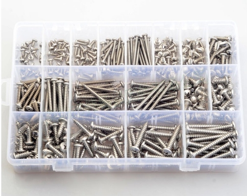 17*10*2.3 Conjunto combinado de porcas de parafuso 380pcs aço inoxidável 304 din7981 cabeça de panela transversal / cabeça redonda auto-toque m3m4m5 Kit de assortamento