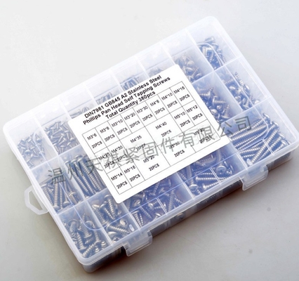 17*10*2.3 Conjunto combinado de porcas de parafuso 380pcs aço inoxidável 304 din7981 cabeça de panela transversal / cabeça redonda auto-toque m3m4m5 Kit de assortamento