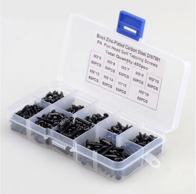 ALLOI Cor Natural 450pcs M3 Aço de Carbono Preto PA Cruz Pan Cabeça Redonda Cabeça Auto-Tapagem parafuso conjunto de combinação Kit de seleção