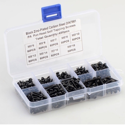 ALLOI Cor Natural 450pcs M3 Aço de Carbono Preto PA Cruz Pan Cabeça Redonda Cabeça Auto-Tapagem parafuso conjunto de combinação Kit de seleção