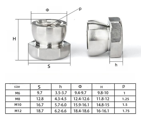 Nozes de segurança de aço inoxidável cromadas M6 M8 M10 8mm-50mm comprimentos para proteção contra parafusos e sistema de medição métrica