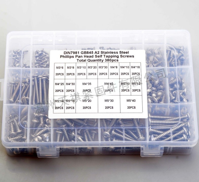17*10*2.3 Conjunto combinado de porcas de parafuso 380pcs aço inoxidável 304 din7981 cabeça de panela transversal / cabeça redonda auto-toque m3m4m5 Kit de assortamento
